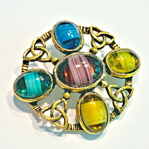 Vintage Brooch Celtic design goldtone pin blue purple yellow green stones oval